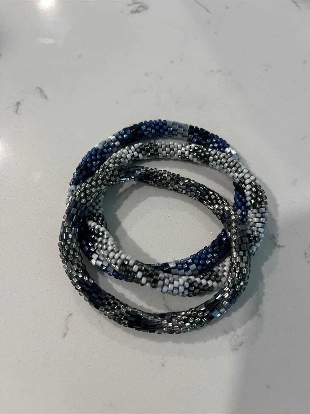 Handmade Seed Bead Stretch Bracelet Set - Blue, Silver, White